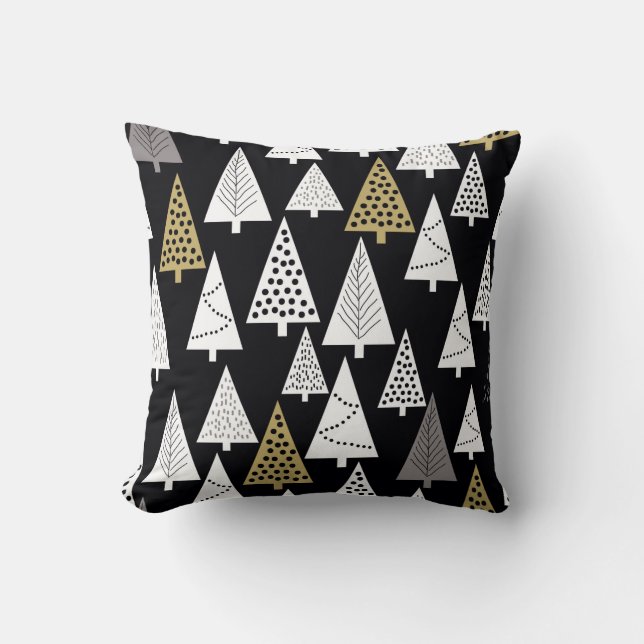 Simple winter pattern. Black background. Gold, sil Throw Pillow (Front)