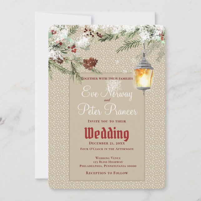 Simple Winter with Lantern and Greens Wedding Announcement (Front)