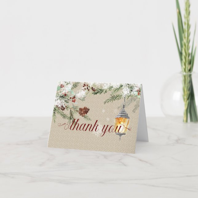 Simple Winter  with Lantern Wedding Thank You Card (Front)