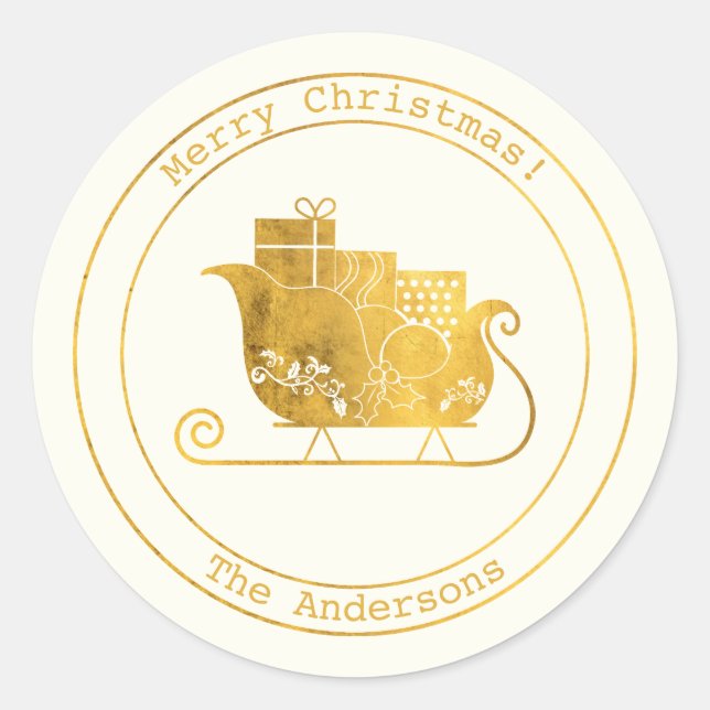 Simple Wishes • Minimalist Gold Sleigh Christmas Classic Round Sticker (Front)