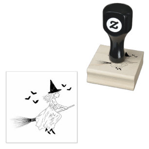Simple Witch Girl With Bats On A Broom Halloween Rubber Stamp