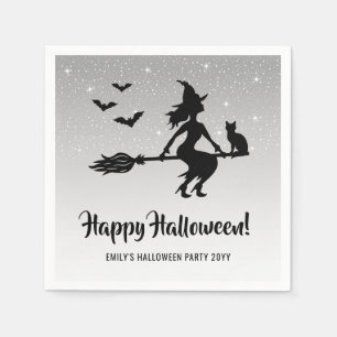 Simple Witch On A Broom Black And White Halloween Napkin