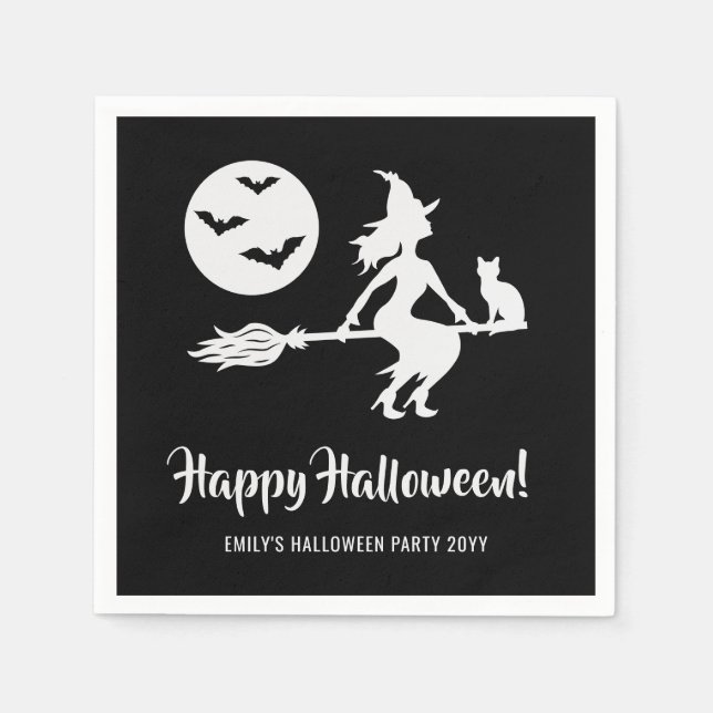 Simple Witch On A Broom Black And White Halloween Napkin (Front)