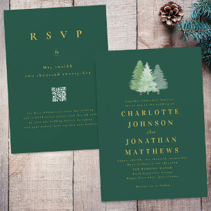 Simple Woodland Forest Gold Green Wedding QR Code Invitation