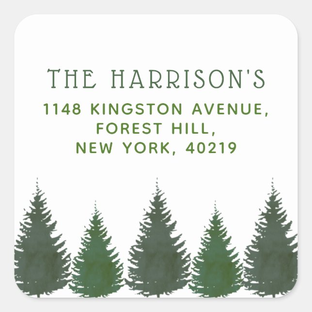 Simple Woodland Pine Trees Greenery Return Address Square Sticker (Front)