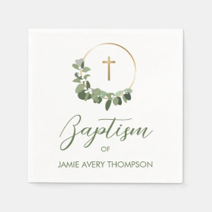Simple Wreath Eucalyptus Gold Cross Custom Baptism Napkin