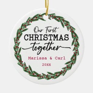 Simple Wreath Green Our First Christmas Together Ceramic Ornament