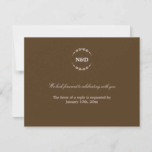 Simple wreath initial brown wedding rsvp response invitation (Front)