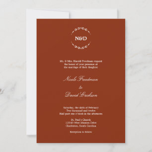 Simple wreath initial monogram velvet red wedding invitation