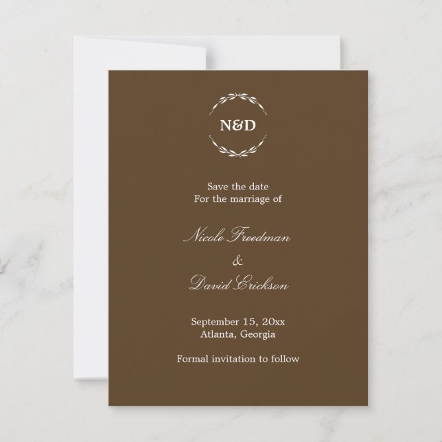 Simple wreath monogram brown wedding announcement (Front)