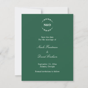 Simple wreath monogram green wedding announcement