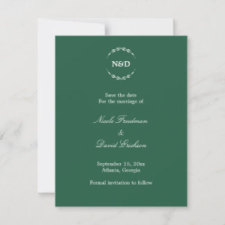 Simple wreath monogram green wedding announcement