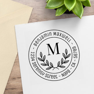 Simple Wreath Monogram Initial Round Address Rubber Stamp