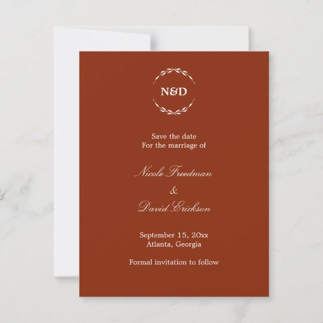 Simple wreath monogram red wedding announcement (Front)