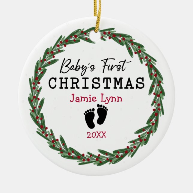 Simple Wreath Red Green Baby's First Christmas Ceramic Ornament (Front)
