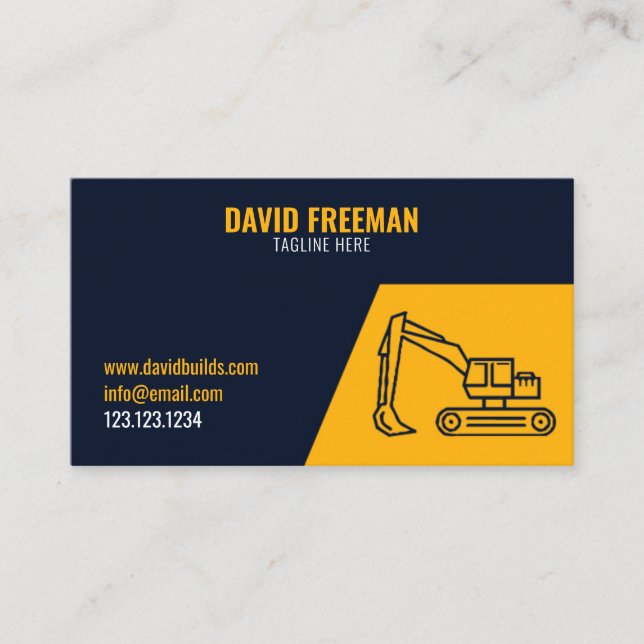 Simple Yellow and Blue Excavator Construction Business Card (Front)