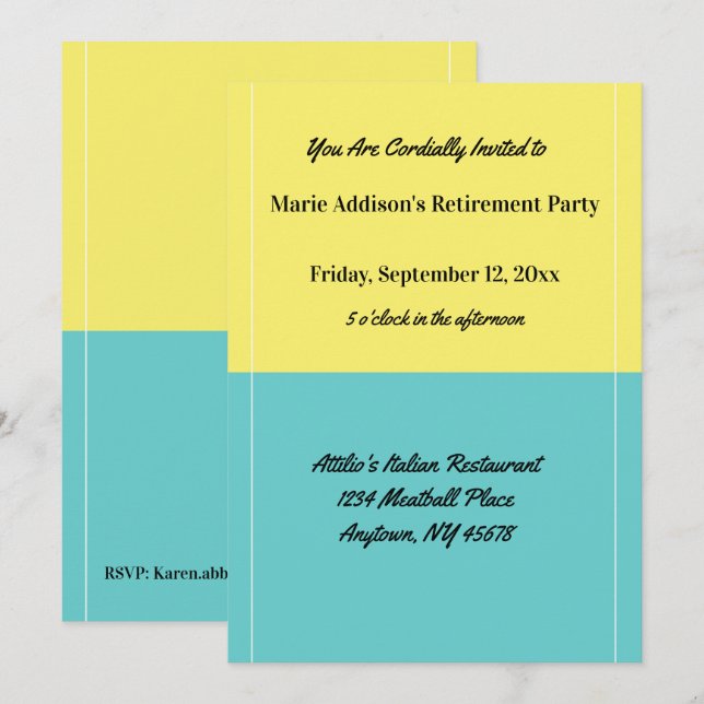 Simple Yellow and Blue Retirement Party Restaurant Invitation (Front/Back)
