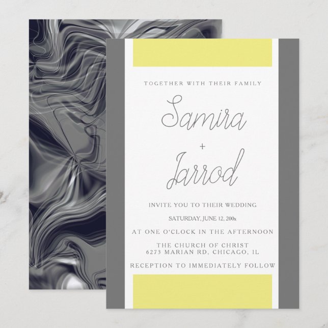 Simple Yellow and Grey Abstract Marble Wedding Invitation (Front/Back)