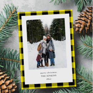 Simple Yellow Black Plaid  2 Photos Christmas Holiday Card