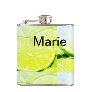 Simple yellow green lemon add name minimal custom  hip flask