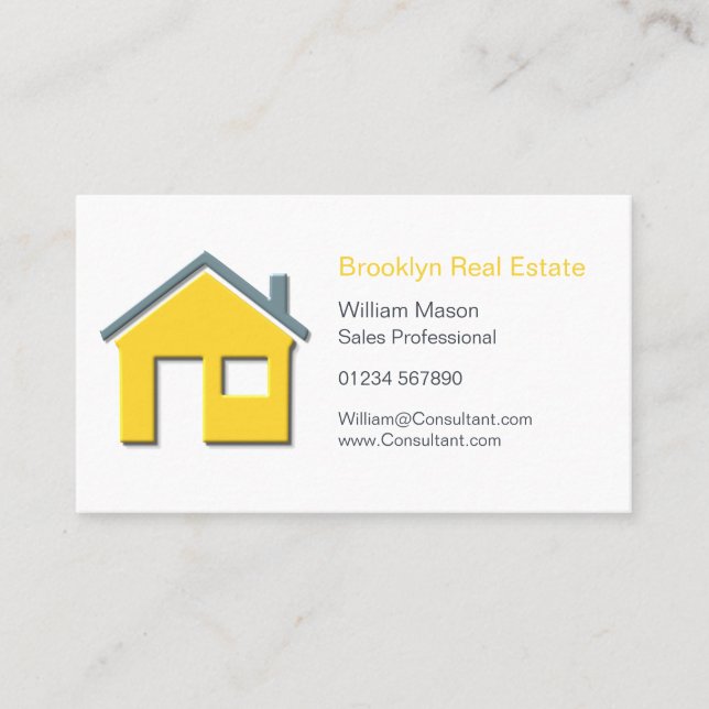 Simple Yellow & Grey Home Icon Real Estate Agent C Business Card (Front)