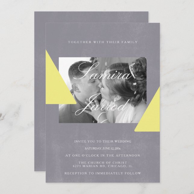 Simple Yellow Grey Stone Shapes Photo Wedding Invitation (Front/Back)