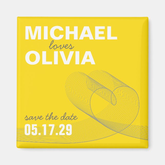 Simple Yellow Loopy Heart Love Lines Save The Date Magnet (Front)