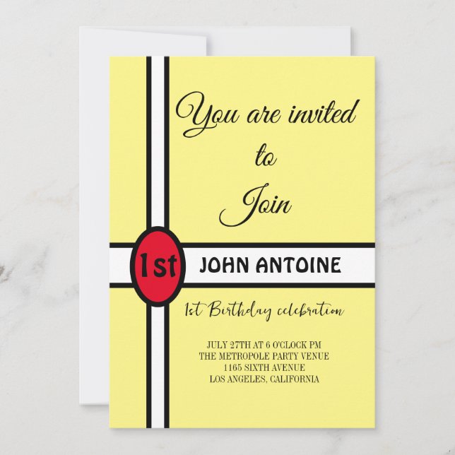 Simple Yellow Modern Elegant 1st Birthday Party Invitation (Front)