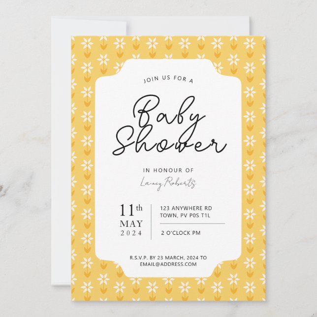 Simple Yellow Retro Daisy Floral Block Print Invitation (Front)