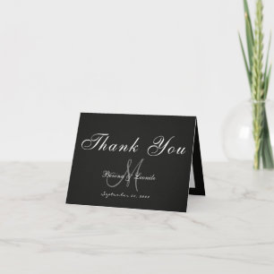 Simple Yet Elegant: Black Linen w/ Monogram +Pics Thank You Card