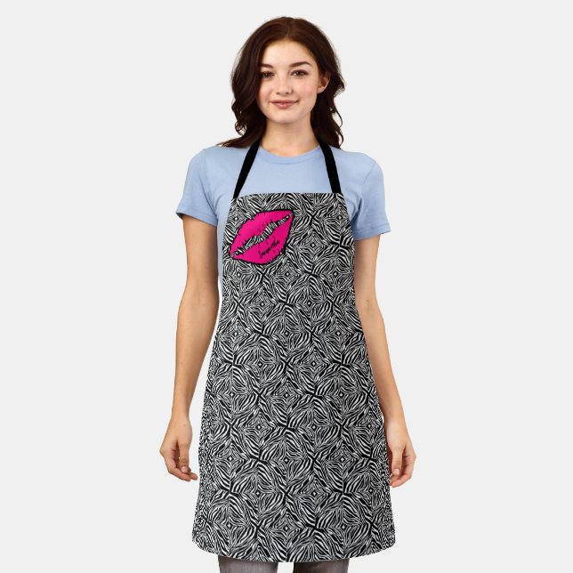 Simple Zebra with Pink Lips Personalized Apron (Worn)