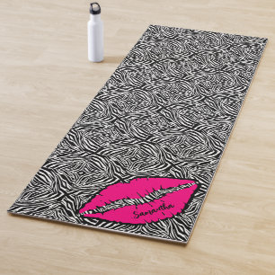 Simple Zebra with Pink Lips Personalized Black Yoga Mat