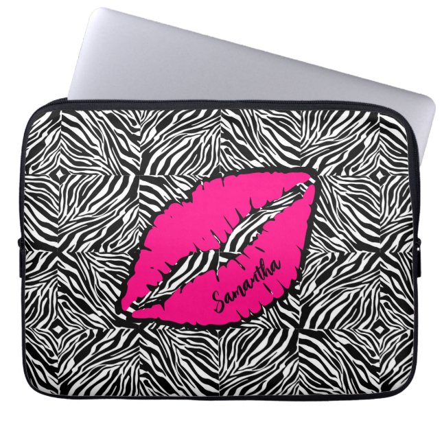 Simple Zebra with Pink Lips Personalized Laptop Sleeve (Front)
