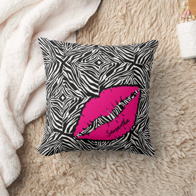 Simple Zebra with Pink Lips Personalized Throw Pillow (Blanket)