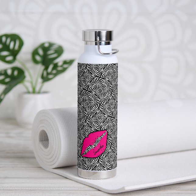 Simple Zebra with Pink Lips Personalized Water Bottle (Yoga)