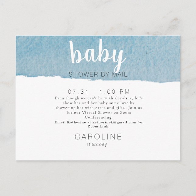 Simple Zoom Virtual  Blue Swash Oh Baby Shower Announcement Postcard (Front)