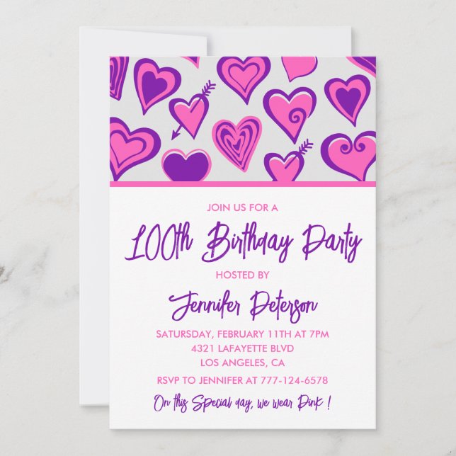 Simples invitations à 100e anniversaire Glam Heart (Devant)