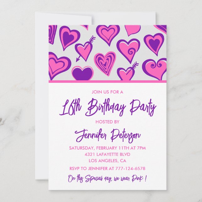 Simples invitations à 16e anniversaire Glam Heart (Devant)