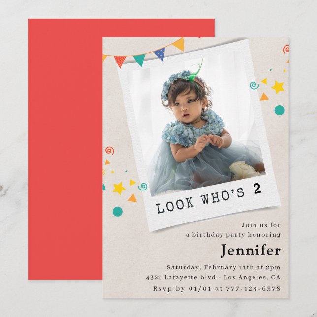 Simples invitations de 2e anniversaire Girl Photo (Devant / Derrière)