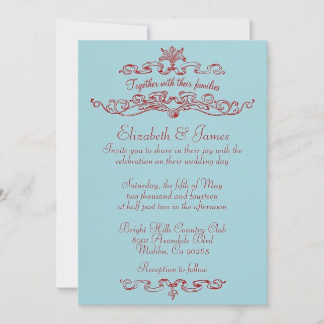 Simples Invitations De Mariage Bleu Et Rouge De Lu (Devant)