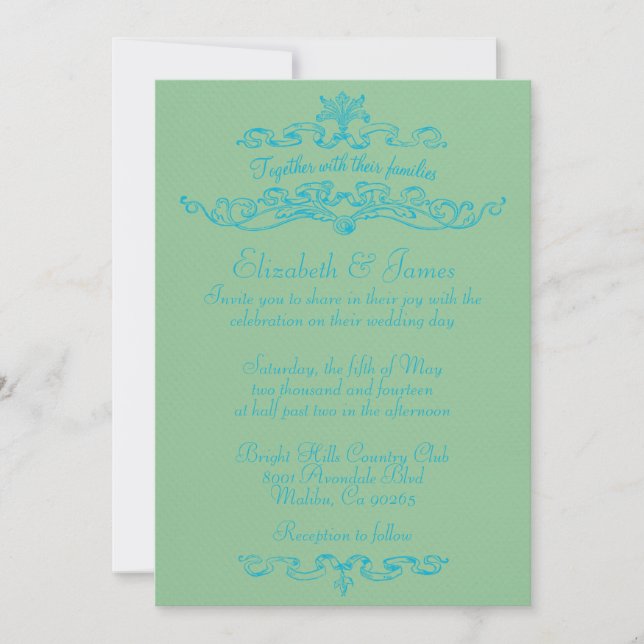 Simples Invitations De Mariage Bleu Et Vert (Devant)