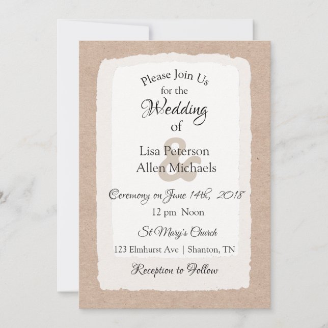 Simples invitations de mariage rustique tan et bla (Devant)