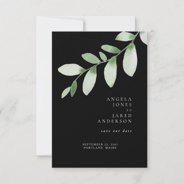 Simplicity & Foliage Black Wedding Save our Date  Save The Date (Front)