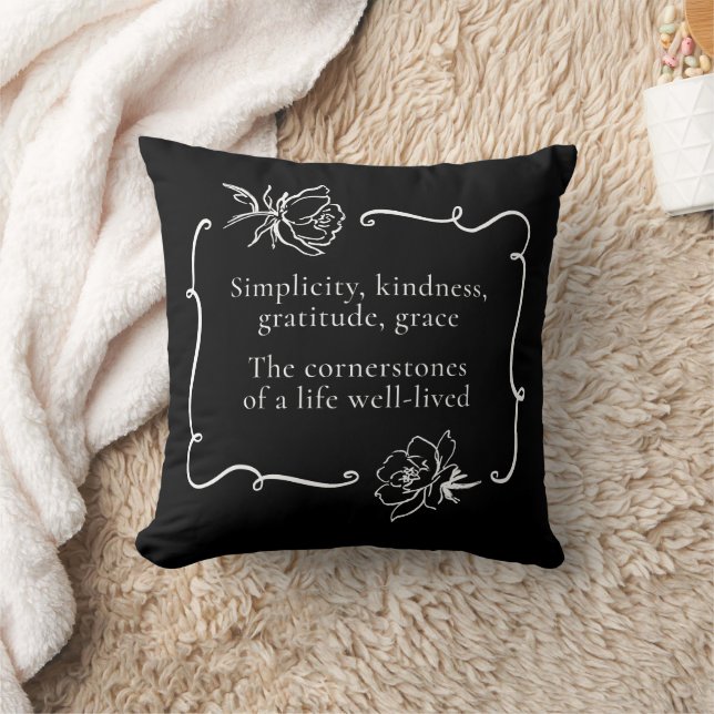 Simplicity, Kindness, Gratitude, Grace Black Throw Pillow (Blanket)
