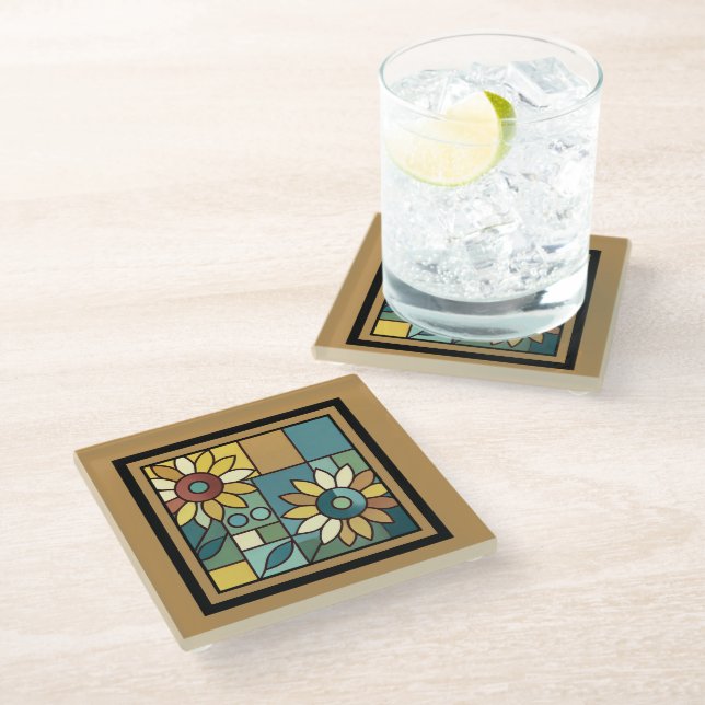 Simplified Sunflower Mosaic Glass Coaster (Angled)