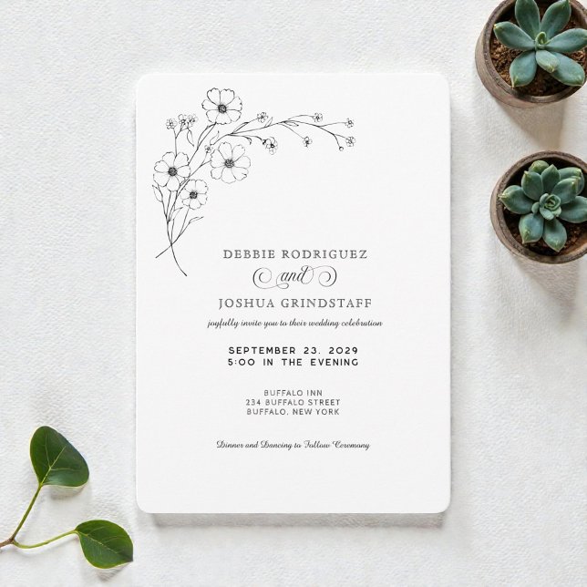 Simplistic Black White Floral Wedding Invitation  (Créateur téléchargé)