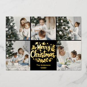  Simplistic  Merry Christmas 5 Photo Collage Foil Holiday Card