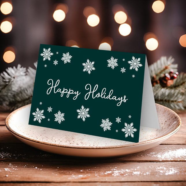 Simplistic Snowflakes Happy Holidays Dark Green Card (Creator Uploaded)