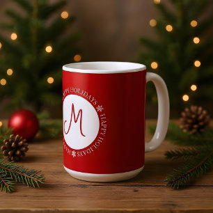Simplistic Snowflakes Happy Holidays Red Monogram  Coffee Mug