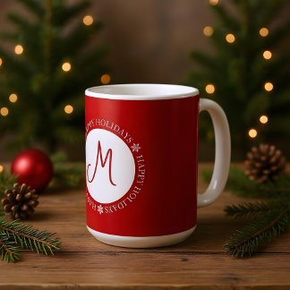 Simplistic Snowflakes Happy Holidays Red Monogram  Coffee Mug